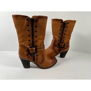 Italina Womens Western Cowboy Boots Brown Leather Buckle Mid Calf Cuban Zip 6